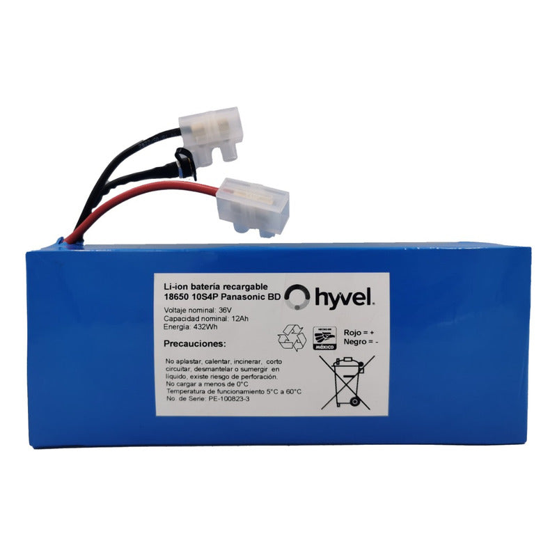 Batería 36v 12ah Panasonic, mostrando especificaciones como carga rápida, protección contra corriente y sobrecarga para mayor seguridad y eficiencia."