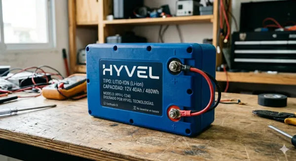 Inspección técnica de batería de litio 12V 40Ah en taller para asegurar una vida útil para una batería de litio.
