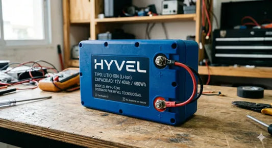 Inspección técnica de batería de litio 12V 40Ah en taller para asegurar una vida útil para una batería de litio.