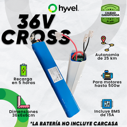 Ilustración de la Batería 36v CROSS destacando sus beneficios para su uso así como su voltaje y AH junto a un sello promocional de envío rápido al siguiente día. 