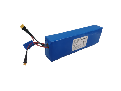 Acercamiento a la Batería 48V 13Ah compatible con Honey Whale C1  con nombre de la marca y cables conectores. 