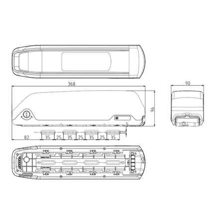 Diagrama con especificaciones descriptivas de cómo es el Kit Batería 48v 12ah Panasonic + Caja Desmontable +Cargador 2A 