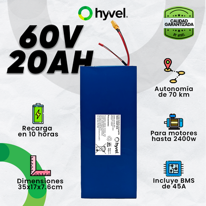 Imagen de la Batería 60V 20Ah EVE con especificaciones y cualidades alrededor, junto al logotipo de Hyvel.