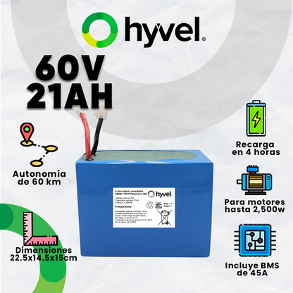 Imagen de la Batería 60V para Motocicleta Eléctrica Hyvel con especificaciones de 60V y 21AH, acompañada de beneficios destacados como potencia, autonomía y carga rápida. 