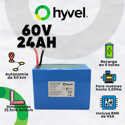 Imagen de la Batería 60V para Motocicleta Eléctrica Hyvel con especificaciones de 60V y 24AH, acompañada de beneficios destacados como potencia, autonomía y carga rápida. 