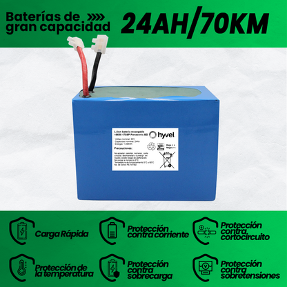 Vista detallada de la Batería 60V para Motocicleta Eléctrica con 24AH y 70KM, etiqueta blanca mostrando especificaciones técnicas e iconos de escudo que explican sus beneficios. 