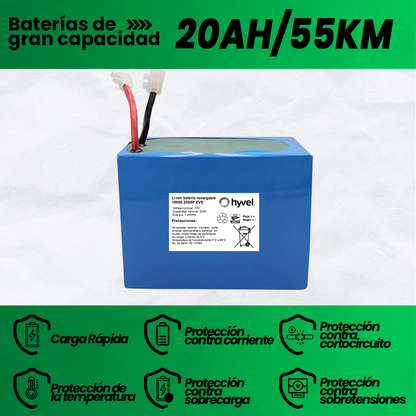 Imagen de los 20AH y 55KM de la Batería 72v 20ah Eve, acompañada de iconos en forma de escudo que resaltan sus beneficios.