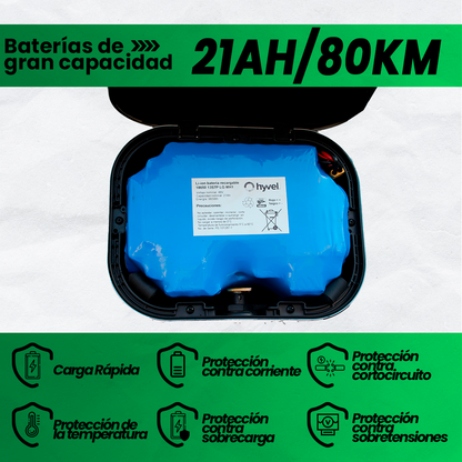 Imagen de los 21AH y 80KM de la Batería compatible con cajuela de Honey Whale H3, acompañada de iconos en forma de escudo que resaltan sus beneficios.