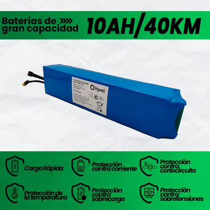 Imagen de los 10AH y 40KM de la Batería 48V 10Ah compatible con Honey Whale E5, acompañada de iconos en forma de escudo que resaltan sus beneficios.