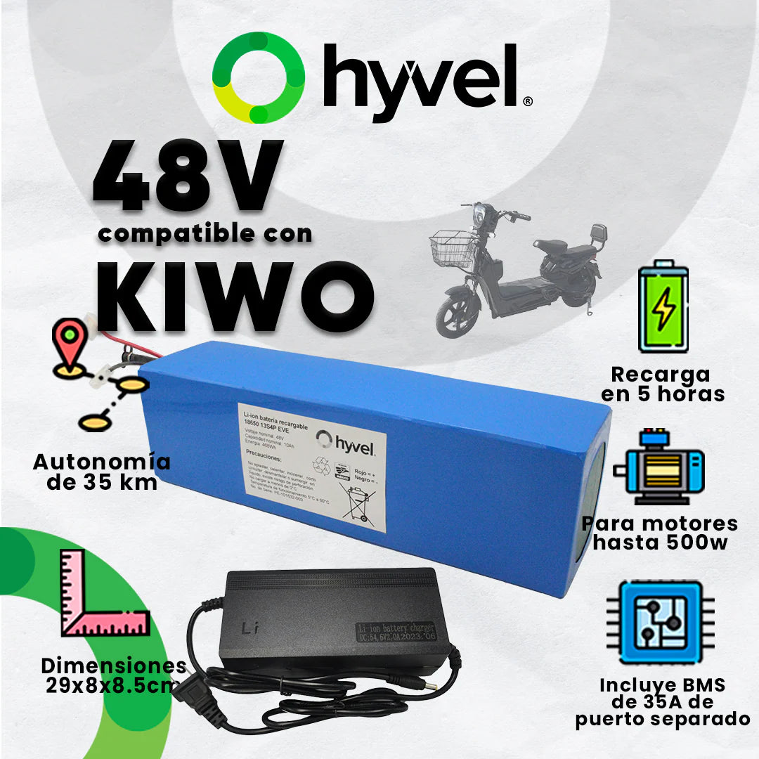 Batería compatible con Kiwo 48V con autonomía extendida de 35km y BMS de 35A para mayor potencia.
