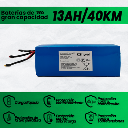 Imagen de los 13AH y 40KM de la Batería 48V 13Ah compatible con Honey Whale T4B , acompañada de iconos en forma de escudo que resaltan sus beneficios.