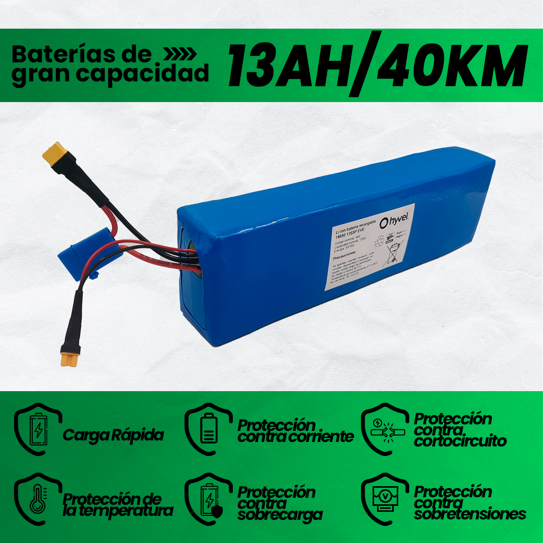 Perspectiva inclinada de la batería mostrando su forma compacta y especificaciones impresas en franjas verdes.
