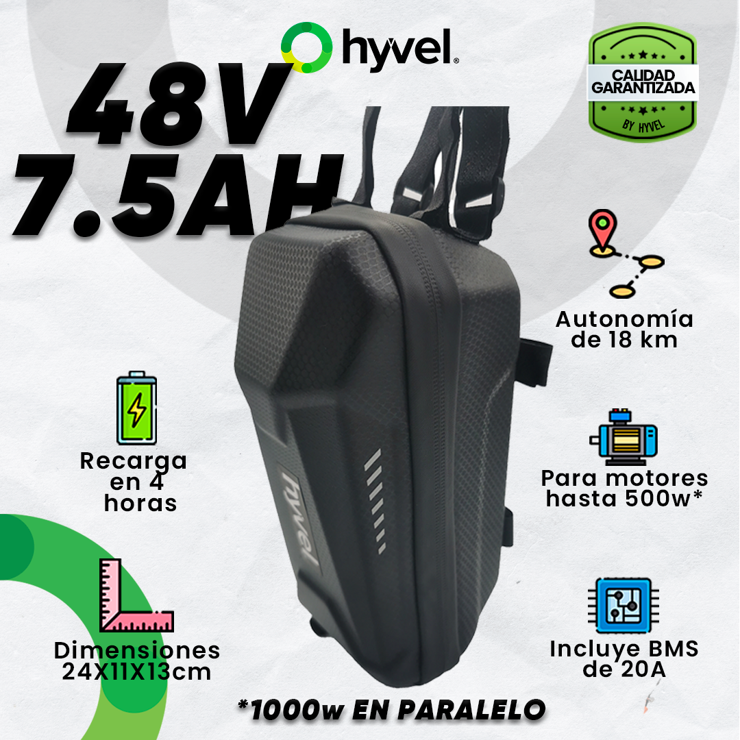Batería externa para scooter de 48V y 9Ah junto a sus accesorios incluidos, como cables y soportes, listos para su instalación en scooters eléctricos.