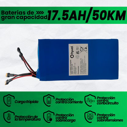 Imagen de los 17.5AH y 50KM de la Batería 48V 17.5Ah compatible con Honey Whale T8B, acompañada de iconos en forma de escudo que resaltan sus beneficios.