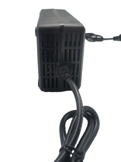 Detalle técnico del Cargador 13s 48v 5a Para Litio Ion con especificaciones visibles en etiqueta adherida al cargador.
