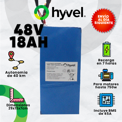 Imagen publicitaria destacando los beneficios y funcionalidades de la batería 48V 18Ah, acompañada del logotipo oficial de Hyvel.
