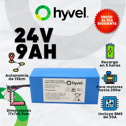 Imagen publicitaria destacando los beneficios y funcionalidades de la batería 24V 9Ah Panasonic , acompañada del logotipo oficial de Hyvel.
