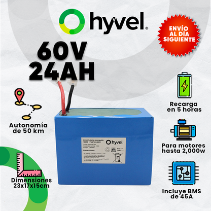 Ilustración de la Batería 60V 24Ah LG MH1 destacando sus beneficios de su uso así como su voltaje y AH y su sello de envio al siguiente día
