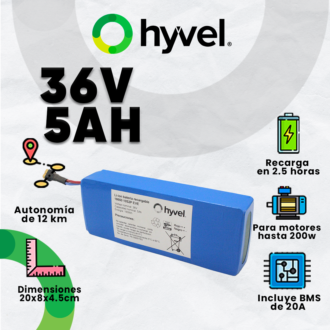 Batería de litio compacta Hyvel 36V 5AH, ideal para patinetes eléctricos de 200W, con 12km de autonomía.