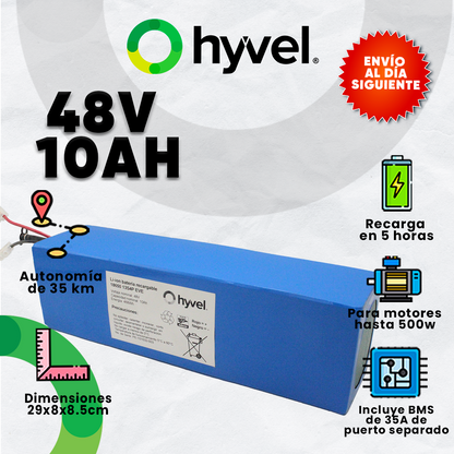Ilustración de la Batería 48V 10Ah EVE destacando sus beneficios para su uso así como su voltaje y AH junto a un sello promocional de envío rápido al siguiente día. 