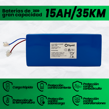 Tres baterías apiladas mostrando etiquetas blancas con especificaciones visibles y cables conectores superiores del Kit Batería 48V compatible con Evobike + Cargador 2A.