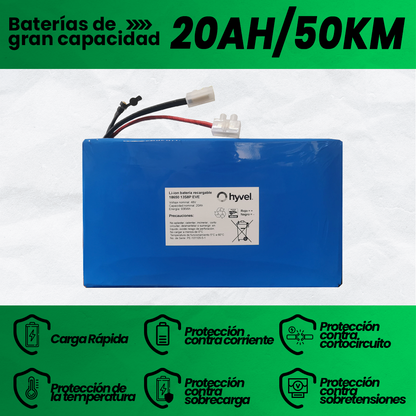 Imagen de los 20AH y 50KM de la Batería 48v 20ah Eve, acompañada de iconos en forma de escudo que resaltan sus beneficios.
