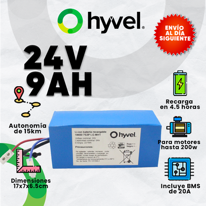 Imagen de la Batería 24V 9Ah LG MH1 mostrando sus beneficios, el nombre de la marca y el aviso destacado de envío rápido