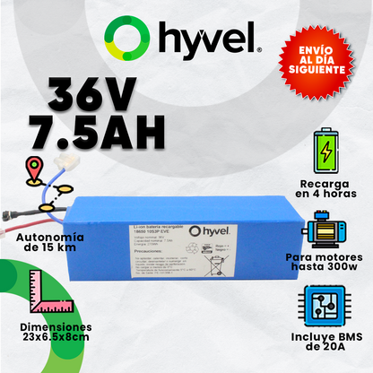 Ilustración de la Batería 36V 7.5Ah EVE destacando sus beneficios para su uso así como su voltaje y AH junto a un sello promocional de envío rápido al siguiente día. 