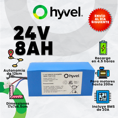 Imagen de la Batería Batería 24V 8Ah EVE mostrando sus beneficios, el nombre de la marca y el aviso destacado de envío rápido