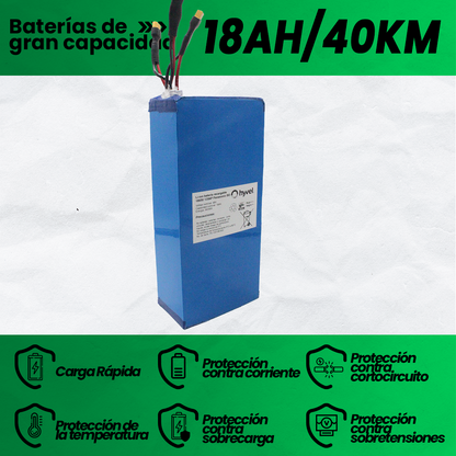 Especificaciones técnicas de la batería 48V 18Ah mostradas con iconos en forma de escudo, resaltando máxima seguridad y calidad.
