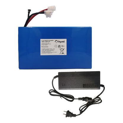 Kit de batería 48V 20Ah EVE con cargador 2A mostrado completo con detalles técnicos visibles.