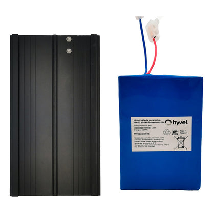 Batería 36v E-CITI de la marca Hyvel con etiqueta blanca en la parte frontal frontal y dos cables conectores en la parte superior.